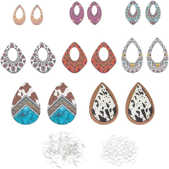 32Pcs 8 Style Wood Teardrop Earring Pendant Long Dangle Earring Charm Horse Eye Print Charms with 60pcs Earring Hook 60pcs Iron Open Jump Ring Kit for DIY Crafts Jewelry Making 1box