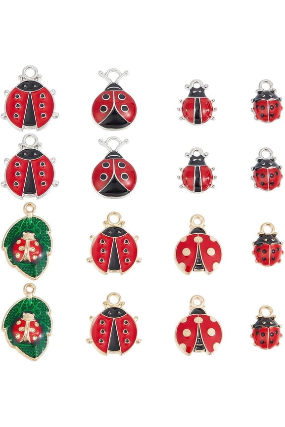 32Pcs 8 Styles Alloy Enamel Pendants Ladybug Charm Red 12~23x10~15x3.5mm Hole: 1.5~1.6mm 4pcs/style
