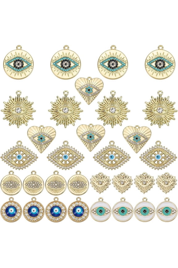 32Pcs 8 Styles Alloy Enamel Pendants with Rhinestone Long-Lasting Plated Evil Eye Charm Real 18K Gold Plated 15~27.5x15~26x1.5~4mm Hole: 1.5~1.6mm 4pcs/style