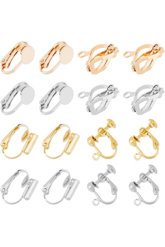 32Pcs 8 Styles Brass Clip on Earring Finding Round Flat Back Tray Earring Clips Converters Non Pierced Earrings Clip-on Earrings Converter Comp1nts for DIY Earring Jewelry Making for DIY