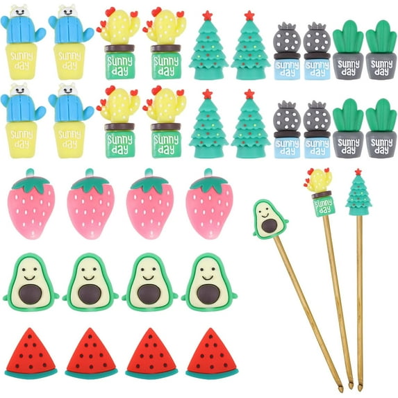 32Pcs 8 Styles Cactus/Christmas Tree/Watermelon Cartoon Style Knitting Needle Point Protectors Knitting Needle Caps knitting Needle Stopper Mixed Color 27~35.5x14~33x10~18mm Hole: 6.5~7mm 4pcs/style