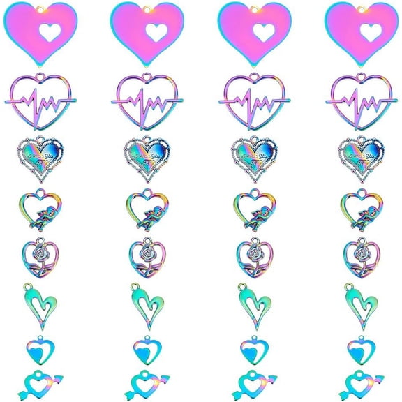 32Pcs 8 Styles Valentine Heart Charms Stainless Steel Alloy Sweet Heart Pendants Rainbow Color Hollow Dangle Pendant Findings for DIY Valentine's Day Jewelry Making