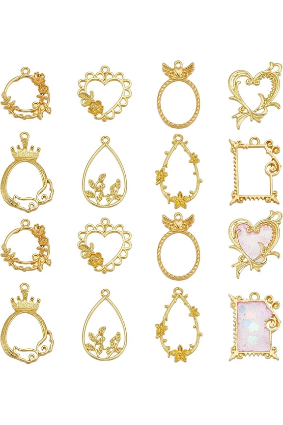 32Pcs Alloy Open Back Bezel Pendants Golden Open Bezel Charms Hollow Resin Frames for DIY