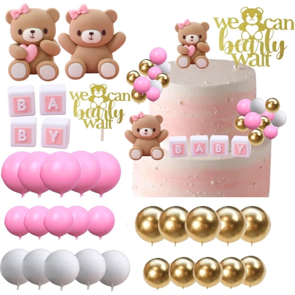 32Pcs Bear Cake Toppers for Baby Shower with Balls, We Can Bearly Wait Cake Topper, Bear Baby Shower Decorations (pink)