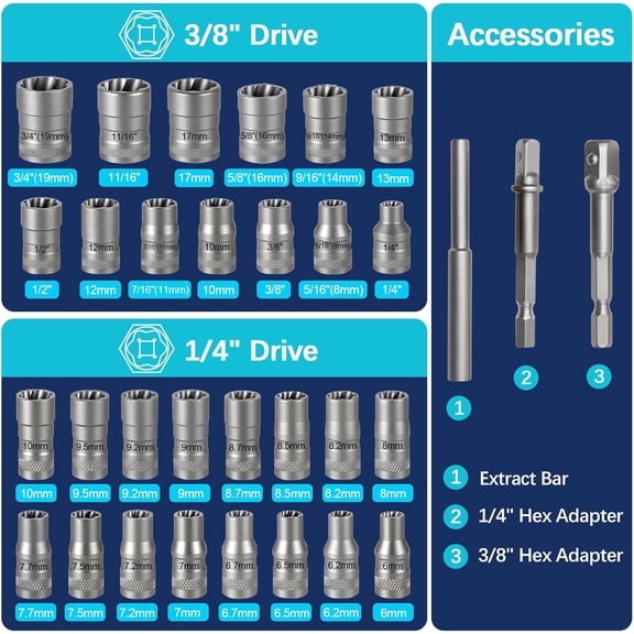 32Pcs Bolt Extractor Socket Set, Stripped Nut & Lug Removal Kit with 1/4" & 3/8" Drive - Rounded Bolt Remover for Removing Damaged Frozen Rusted Bolts Nuts and Screws