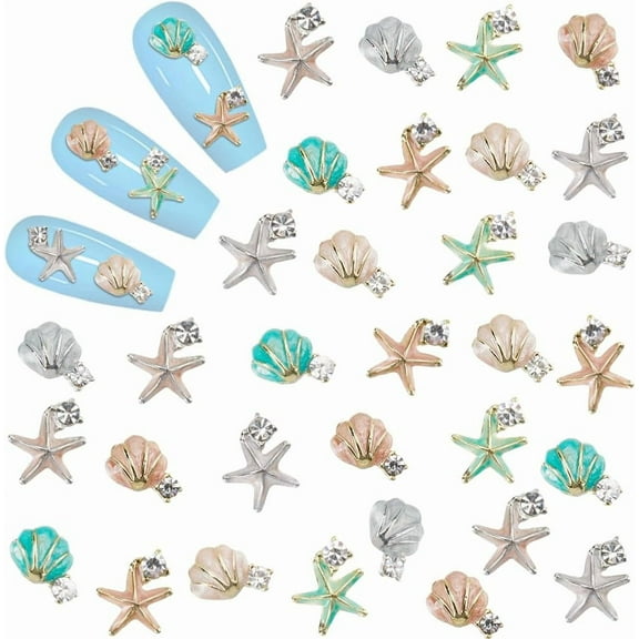 32Pcs/Box Sea Shell Nail Charms 8 Style 3D Summer Beach Ocean Theme Seashell Starfish Metal Enamel Nail Gems Rhinestones Nail Art Studs for Women Nail Art Designs Decoration Supplies Colorful DIY