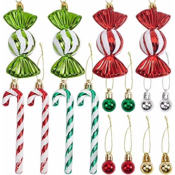 32Pcs Candy Cane Ornaments Christmas Ornament Set Gold Silver Ball Hanging Ornaments Red Green Candy Charms Plastic Candy Canes for Xmas Tree Decor New Year Home Holiday Party Supplies Mixed Color
