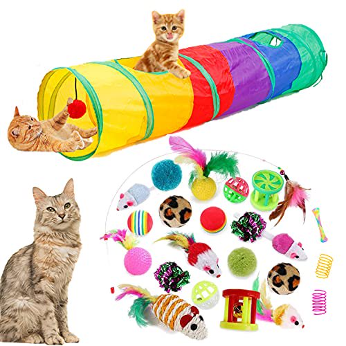 32Pcs Cat Toys Kitten Interactive Pet Toys Assortments,Foldable Rainbow Tunnel,Cat Feather Teaser Wand Interactive Feather Toy Fluffy Mouse Crinkle Balls Bell Play for Cat Puppy Kitty Kitten(2 way)