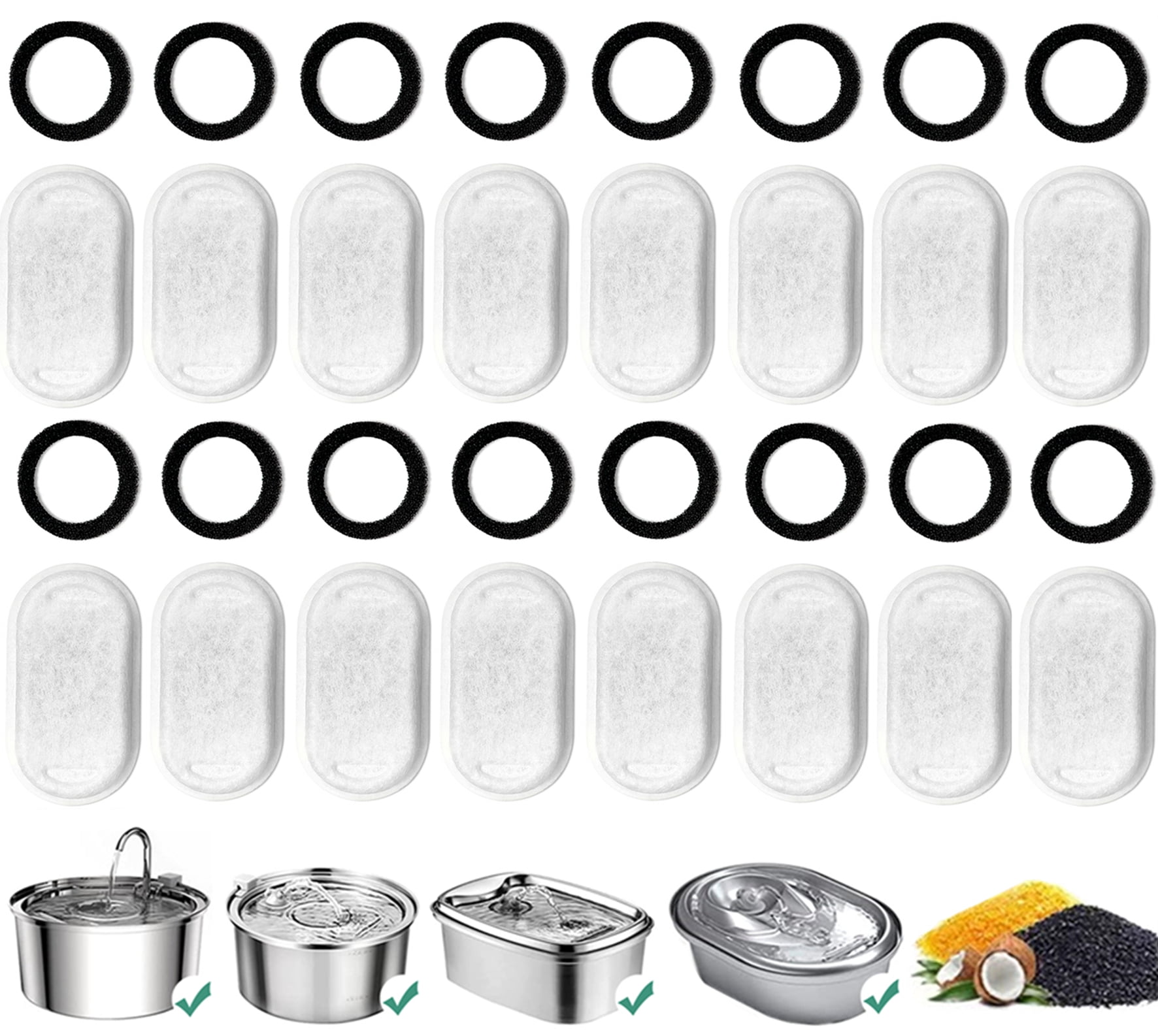 32Pcs Cat Water Fountain Filters, Replacement Filters for 3.2L/108oz 2L/ 67oz Stainless Steel Pet Drinking Fountains (16 Carbon Filters + 16 Sponges)