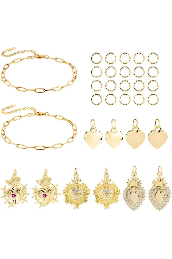 32Pcs Charm Bracelet Making Kit 2Pcs Paperclip Bracelet Chain with Extender 10Pcs Love Heart Charms 20Pcs Jump Rings