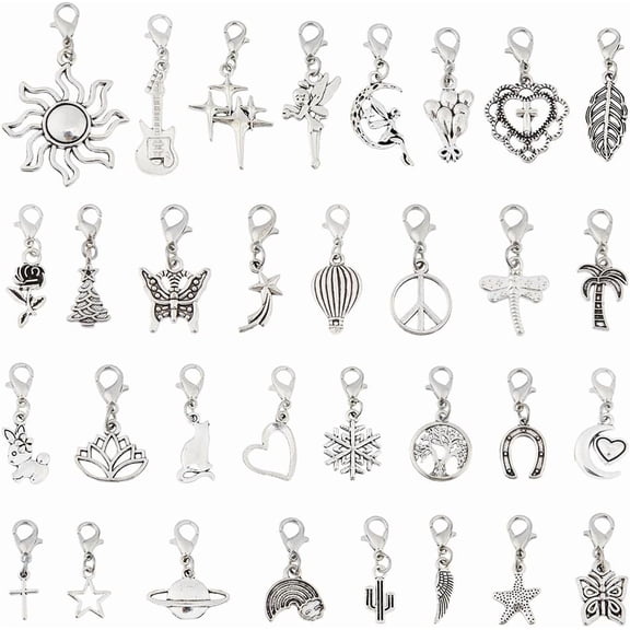 32Pcs Clip on Charm Assorted Animal Dangle Charms with Clasp Antique Silver Flower Leaf Bracelet Charms Vintage Alloy Moon Charm Stitch Marker Charm for DIY Jewelry Making Crafts Decoration