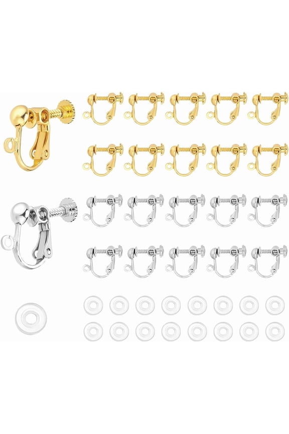 32Pcs Clip on Earring Converter 2 Color Brass Earring Clip with Screw Back 32Pcs Silicone Pad Gold Platinum Clip on Ear Findings for Women No Pierced Ear DIY Jewelry Making Clear 1set