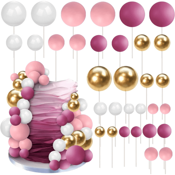 32Pcs Colorful Ball Cake Insert Topper, Pearl Balls Cupcake Picks, for Birthday Party Wedding Anniversary Decoration Supplies (Pink Gold White)