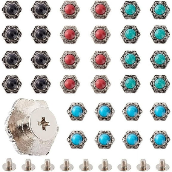 32Pcs Conchos for Leather 4 Colors Decorative Screw Back Buttons Vintage Synthetic Turquoise Conchos Buttons Sunflower Decorative Buckle Alloy Flower Screw Button for DIY Leather Craft