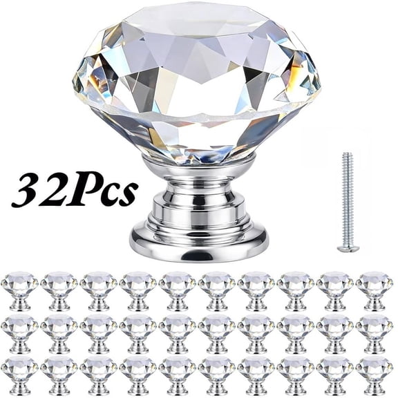 32Pcs Crystal Glass Cabinet Knobs 24mm Diamond Shape Drawer Kitchen Cabinets Dresser Cupboard Clear Wardrobe Pulls Handles
