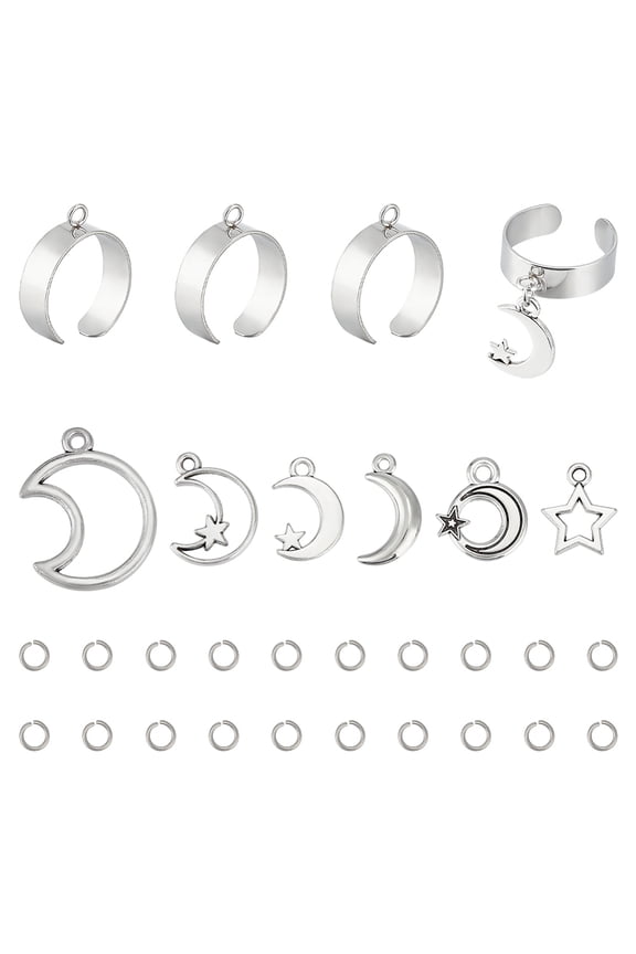 32Pcs DIY Charms Cuff Ring Making Kit Including Moon Star Pendants Stainless Steel Finger Ring Components Jump Rings Silver Stainless Steel Color