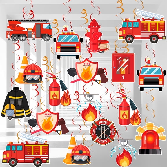 32Pcs Fire Truck Hanging Swirls, Firetruck Birthday Decorations Set - Fire Truck Hanging Swirl Decorations, Firefighter Hanging Swirl & Fire Engine Rescue Hanging Swirls for Fireman Party Baby Shower