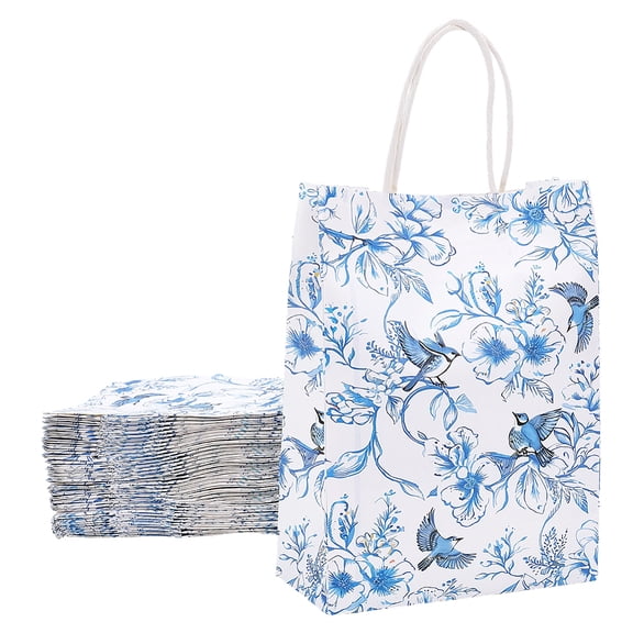 32Pcs Flower Bird Printed Paper Bags with Handles Gift Tote Bags Blue and White Rectangle 16x8x22cm