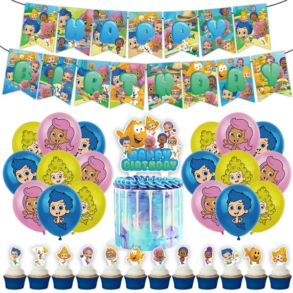 32Pcs For Bubble Guppies Birthday Party Decorations, With 1 Happy Birthday Banner Garland,13 Cupcake Toppers,18 Balloons for decorative supplies set