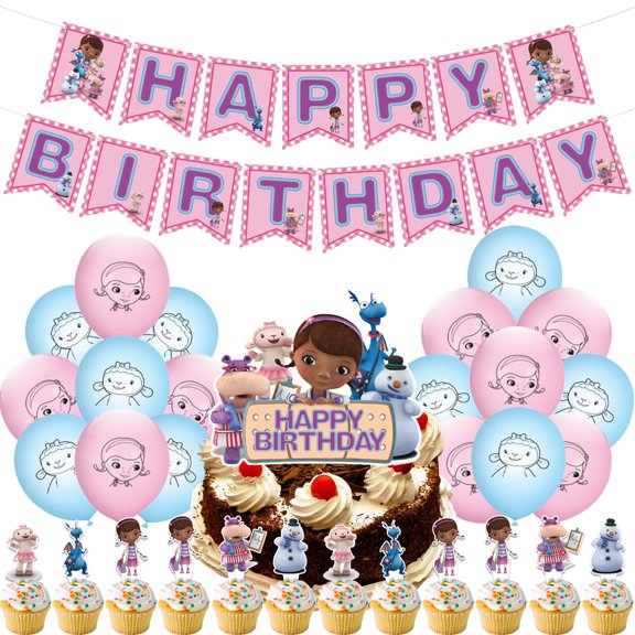 32Pcs For Doc McStuffins Party Decoration Kit – Includes Banner, 18 Balloons,13 Cupcake Toppers for Themed Celebrations