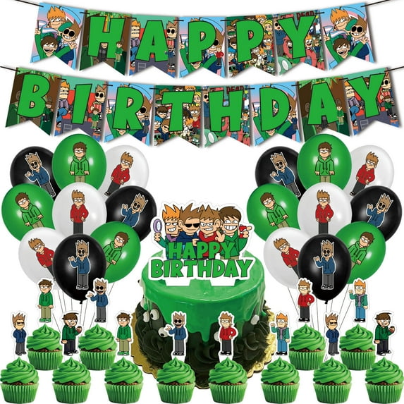 32Pcs For Eddsworld Party Decoration Kit – Includes Banner, 18 Balloons,13 Cupcake Toppers for Themed Celebrations