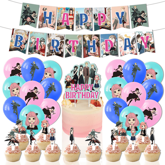32Pcs For Spy x Family Party Decoration Kit  Includes Banner, 18 Balloons,13 Cupcake Toppers for Themed Celebrations