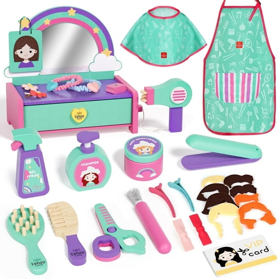 32Pcs Hair Salon Toys Salon Set, Toddler Girls Vanity for 3 Year Old Girls Pretend Play Doll Hair Stylist Toy Kit with Blow Dryer, Barber Costume Apron and Other Accessories for Kids Toddler 3-5