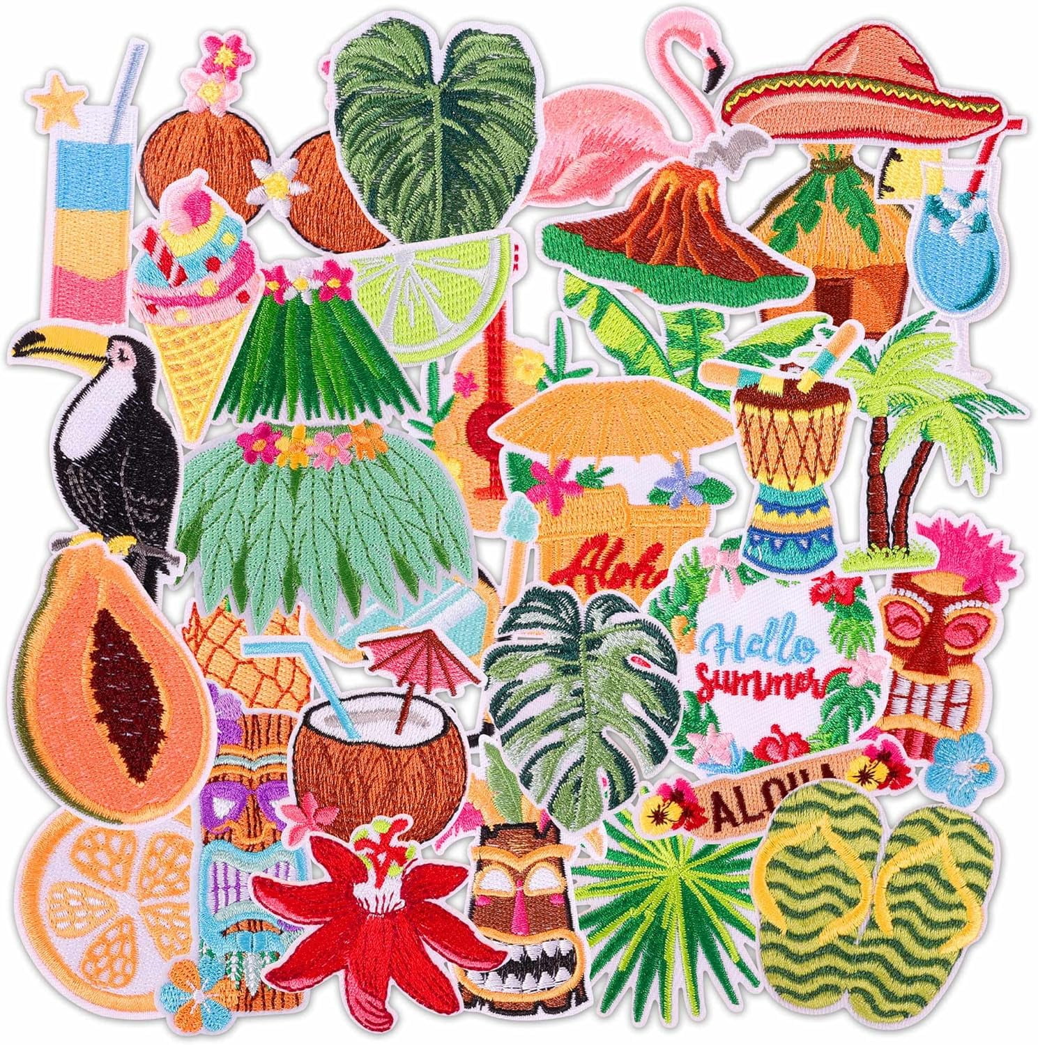 32Pcs Hawaiian Tropical Iron On Patches for Hats, Vibrant Aloha Summer Embroidered Patches s for Swimsuits/Beach Hats/Summer Bags
