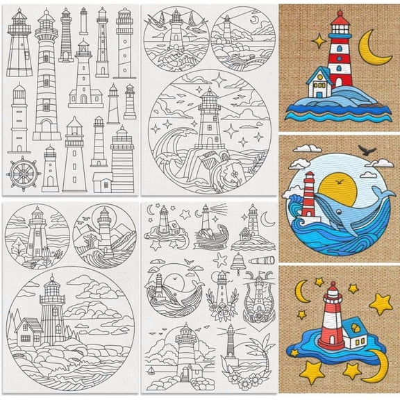 32Pcs Lighthouse Water Soluble Hand Sewing Stabilizers 8.3"x11.7" Lighthouse Ocean Navigation Embroidery Pattern Stabilizer 4 Sheets Building Stick and Stitch Embroidery Paper Sticker Making DIY