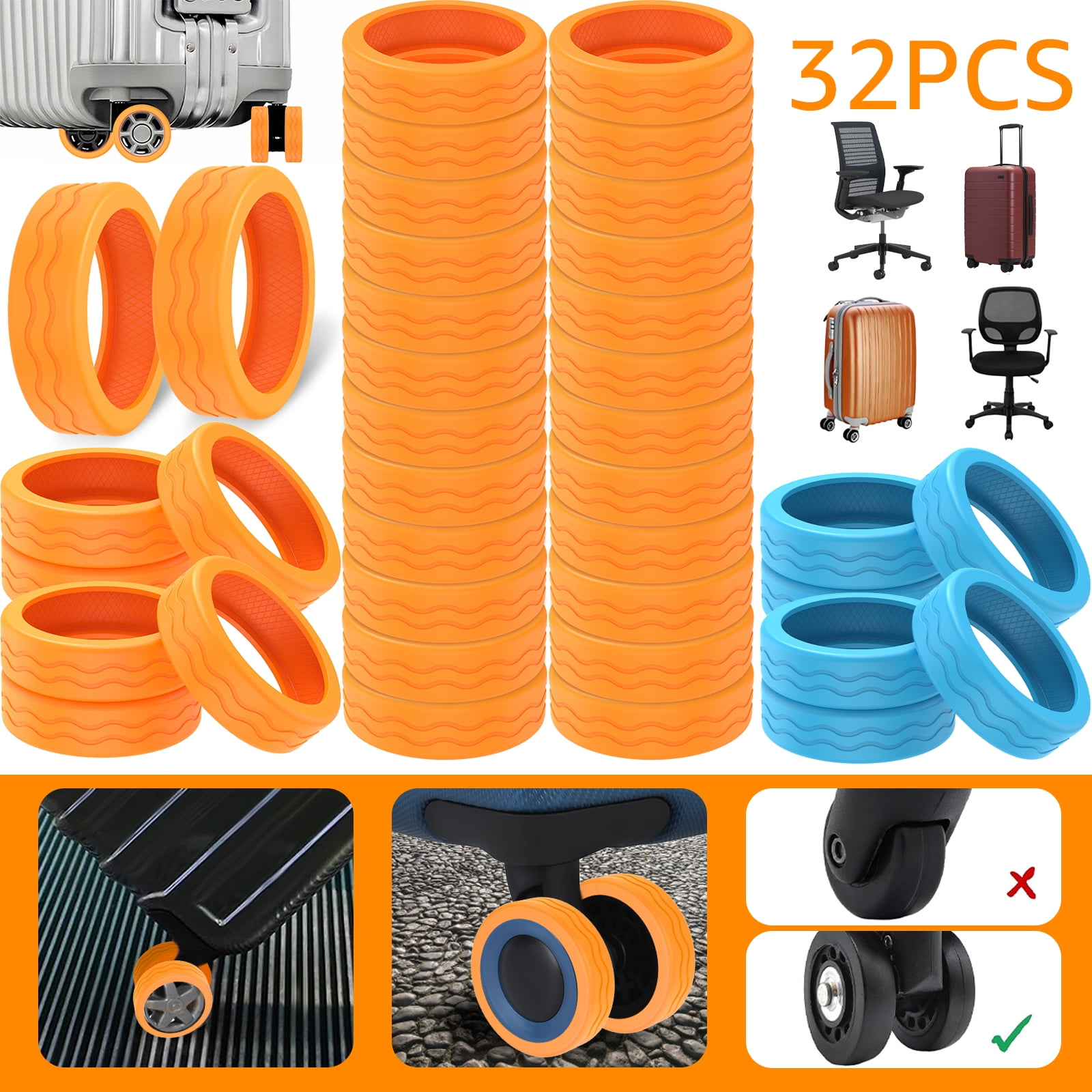 8-Pack Silicone Luggage Wheel Covers - Reusable Protectors, Inner Diameter 1.57 Inch, Bright Orange For Easy ID
