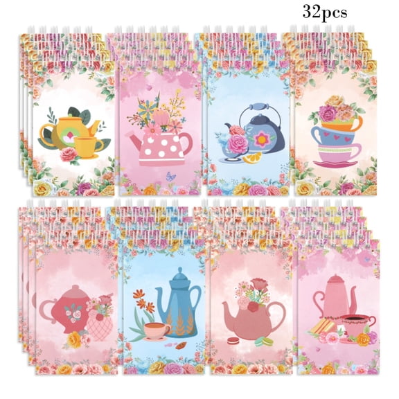 32Pcs Mini Flower Themed Spiral Notebook Set for Tea Party Favors, Colorful Tea Party Accessories for Women, Vintage Teapot Spiral Pocket Notepads  for Birthday Office Supplies