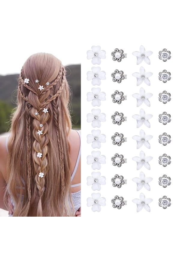 32Pcs Mini Rhinestone Hair Clips Plastic Dreadlocks Beads with Alloy Findings Flowers White Rhinestone Bridal Barrettes Cute Decorative Hairpin Hair Accessories
