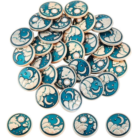32Pcs Moon & Star Shank Buttons 7.5mm 8mm Flat Round Alloy Enamel Buttons with 2mm Hole Metal Blazer Button Set Craft Buttons