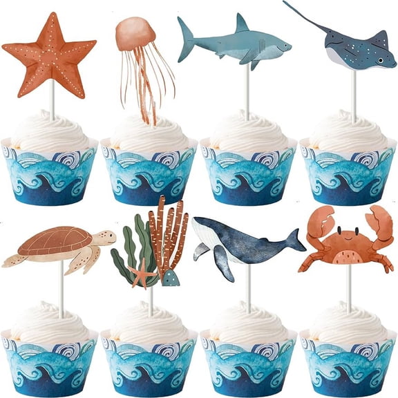 32Pcs Ocean Animal Cupcake Toppers, Sea Animal Cupcake Topper Starfish Sea Turtle Octopus Whale Double-sided Printing Cake Topper for Boy Summer Under the Sea Ocean Birthday Baby Shower