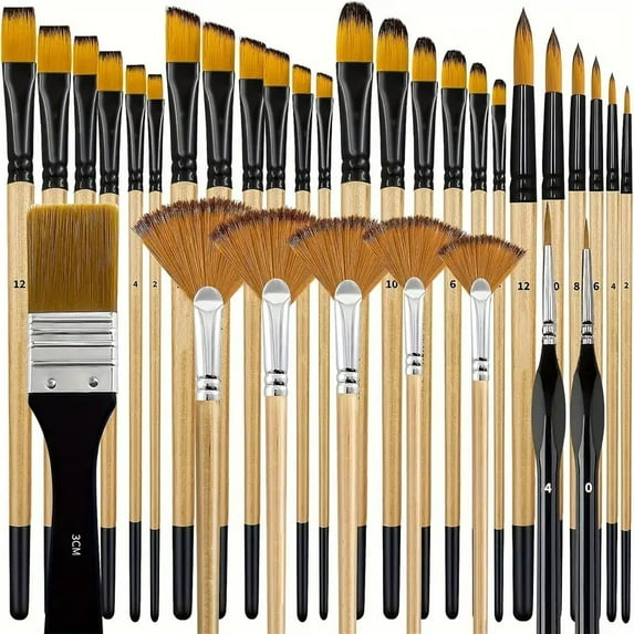 32Pcs Paint Brush Set for Acrylic Painting Premium Nylon Bristles with Round Filbert,Flat,Fan,Angle,Fine Detail Brush for Artist (Wood)