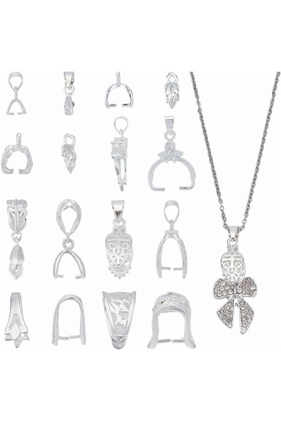 32Pcs Pinch Bail Clip Clasp 8 Style Brass Snap on Bail Silver Bead Pendant Connector Dangle Charm Jewelry Finding for Jewelry Making Accessory Supplies Necklace Bracelets DIY Craft