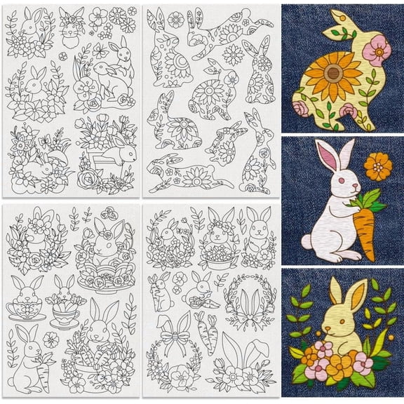 32Pcs Rabbit Flower Water Soluble Hand Sewing Stabilizers 8.3"x11.7" Leaf Bunny Embroidery Pattern Stabilizer 4 Sheets Floral Cows Stick and Stitch Embroidery Paper Sticker DIY