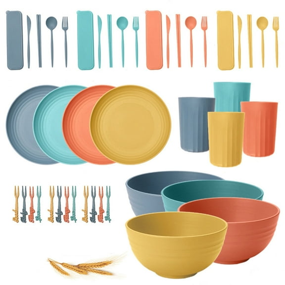 32Pcs Unbreakable Cereal Bowls Set, Whea-t Straw Dinnerware Sets - Microwave & Dishwasher Safe Bowls for Tableware Lightweight Bowls, Cups,Plates Set Reusable Dinner
