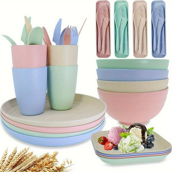 32Pcs Unbreakable Wheat Straw Tableware Set, Includes Bowls, Plates, Cups & Cutlery, Lightweight, Dishwasher & Microwave Safe, Ideal for Outdoor Dining