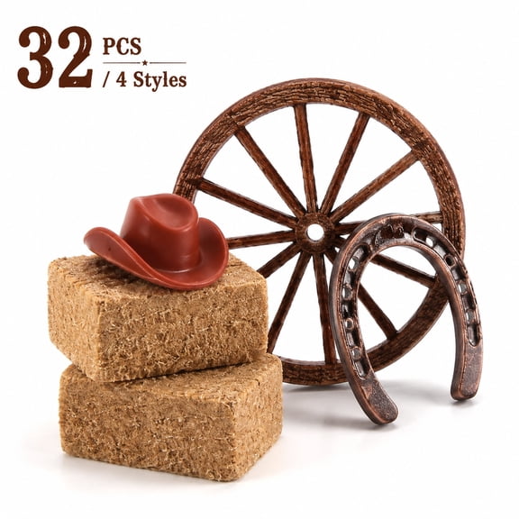 32Pcs Western Party Decorations Set with Mini Horseshoes, Faux Hay Bales, Cowboy Hats and Wooden Wagon Wheels, Rustic Western Theme Table Centerpieces, Cowboy Party Supplies