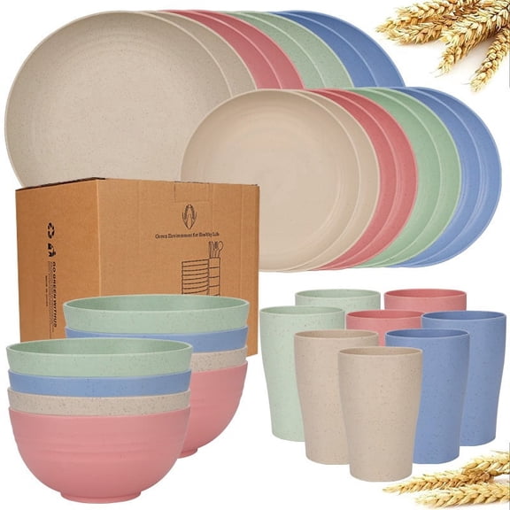 32Pcs Wheat Straw Dinnerware Sets, Service for 8, Includes Plates & Bowls, Black Plastic, Microwave & Dishwasher Safe, Durable Party Tableware, Ideal for Valentine's Day