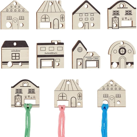 32Pcs Wooden House Floss Bobbins 8 Styles Stitch Floss Holder Building Card Thread Organizer House Bobbin Set Winding Plate