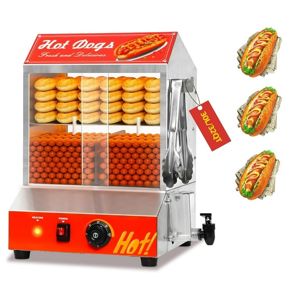 32QT Hot Dog Steamer Warmer, 2-Tier 175 Hot Dogs & 40 Buns Capacity, Electric Hot Dog Bun Steamer with Temperature Control, 32℉-185℉, 1000W Stainless Steel
