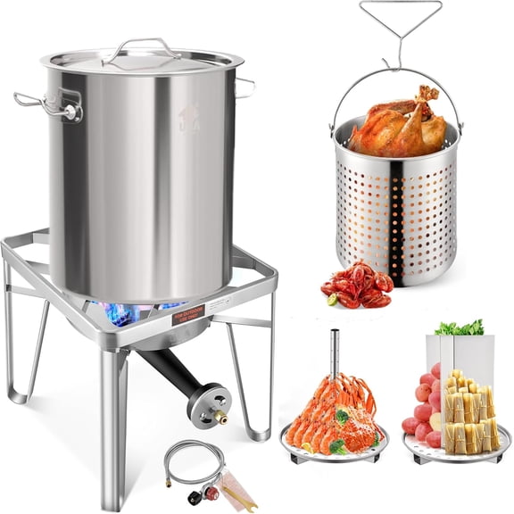 32QT Stainless Steel Pot with 200,000BTU Propane Fryer, Seafood Boil Pot, Crab Boil Pot, Lobster Pot, Shrimp Boil Pot, Tamale Steamer Pot with Basket and Turkey Fryer Burner