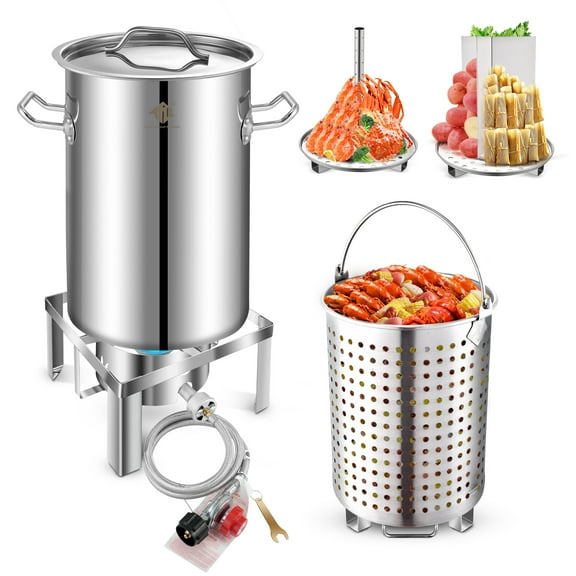 32QT Stainless Steel Stock pot with 55,000BTU Propane Burner, 6-Piece For Seafood Boil Pot with Basket and Steamer Rack,Cookware for Crawfish Crab Shrimp Lobster Boiling Pot, Turkey Fryer Pot