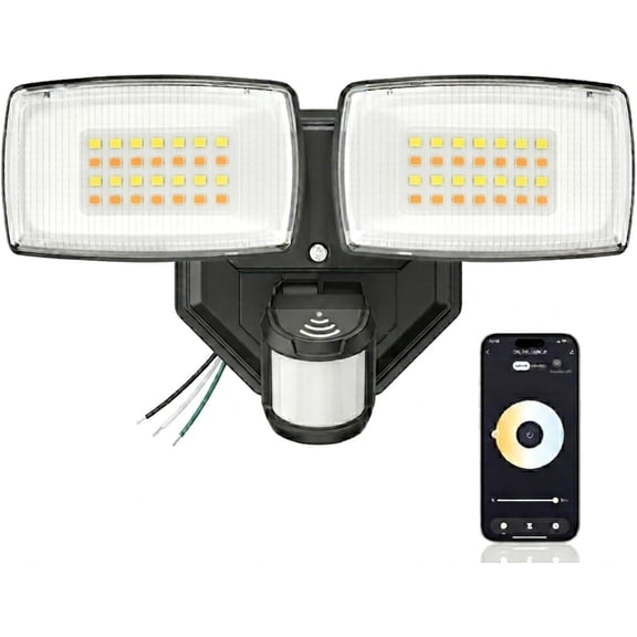 32W 3200LM Smart Outdoor Security Light, WiFi Motion Sensor Flood Light with App Control, Compatible with Alexa, Hardwired 2-Head LED Flood Light, 2700K-6500K, IP65 Waterproof, Black