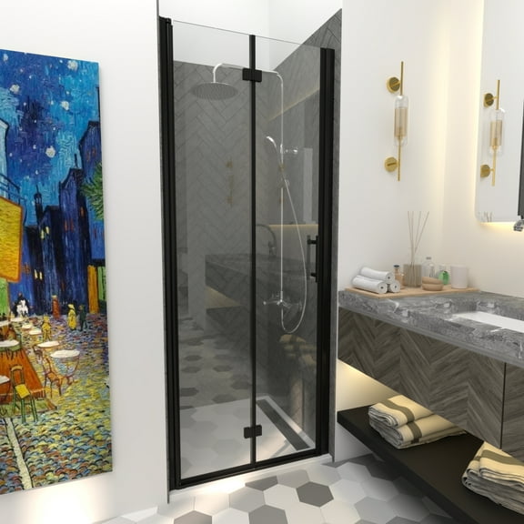 32X72” 32-33.5”Wx72”H Frameless Bifold Shower Door, Matte Black Finish, 1/4” Clear Tempered Glass