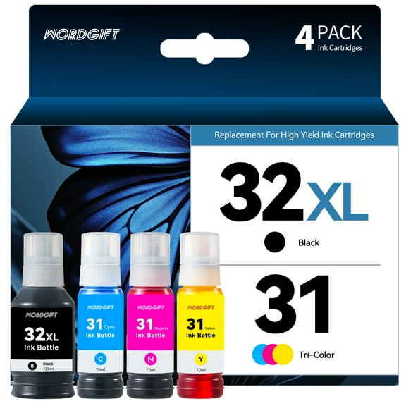 32XL 31 Ink Black Ink Bottle Set Compatible for HP 31 32 XL Ink Bottle Set for Smart Tank 5000 6001 7301 Printers Ink 4 Pack|Black Cyan Magenta Yellow