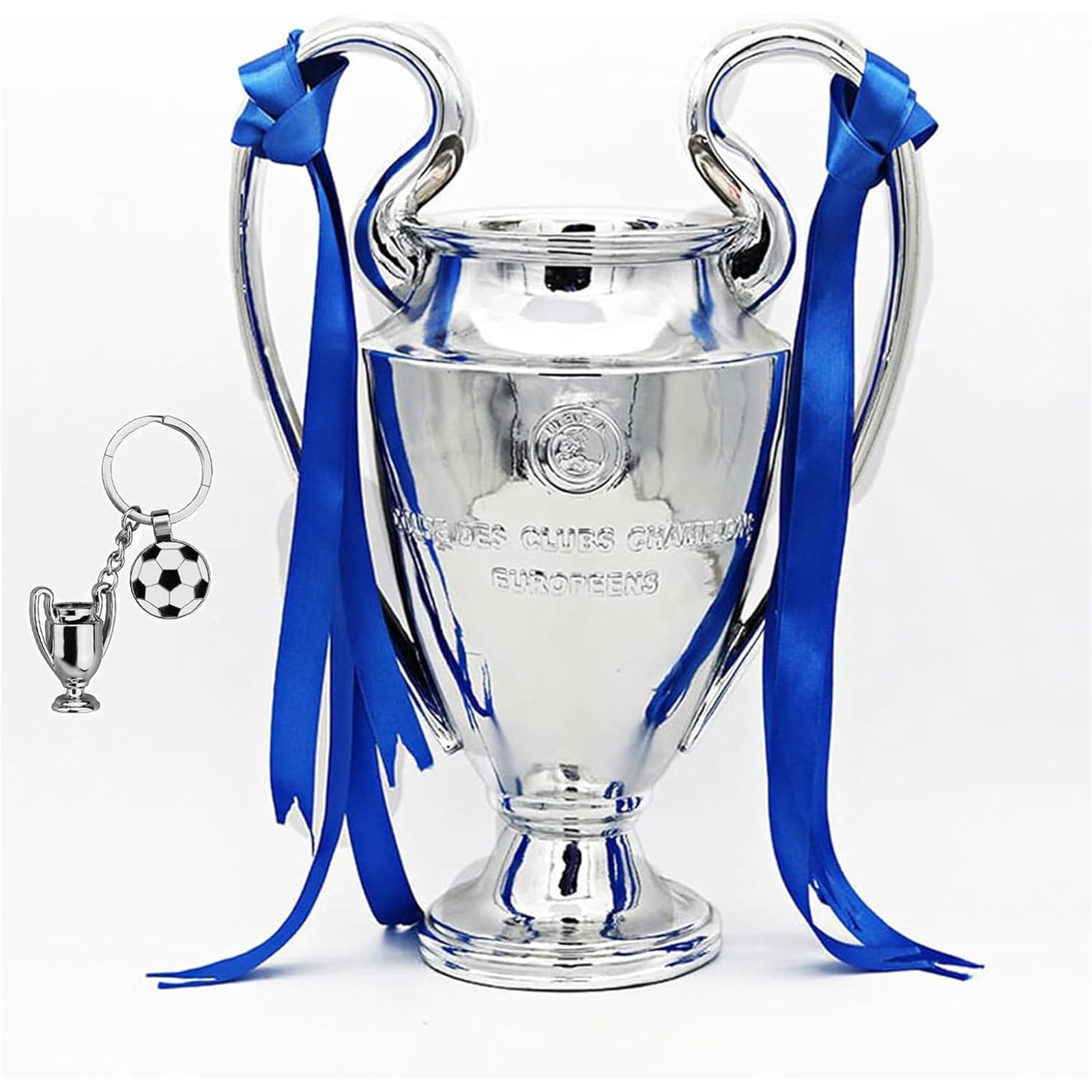 32cm/12.6inch European Football League Champion Football Trophy, Resin St. Bernard League Replica Award Cup, Silver with Blue Ribbons for Sport Fan League Team,silver,European Football League