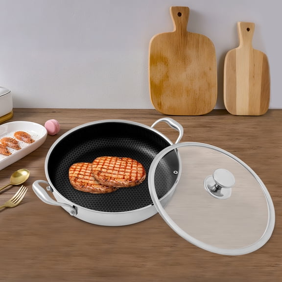 32cm Stainless Steel Flat-Bottom Frying Pan with Dual Handles, Non-Stick Honeycomb Design, Tempered Glass Lid